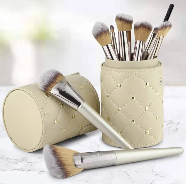 12-Piece Professional Makeup Brush Set with Stylish Storage Bucket